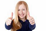 Young beautiful smiling woman shows both thumbs up