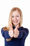 Young beautiful smiling woman shows both thumbs up