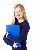 Young successful woman with folder smiles happy