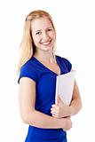 Young female student with writting pad smiles happy