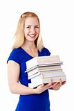 Young beautiful happy smiling female student holds study books