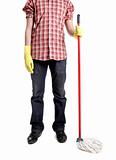 man holding mop in gloves isolated