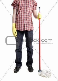 man holding mop in gloves isolated