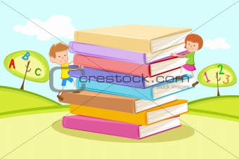 Kids climbing Pile of Books