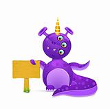 violet smily monster with wooden sign