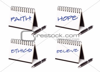 Spiral Note Pad and Pen Series Isolated on White - Faith, Hope, Ethics and Believe - XXXL.