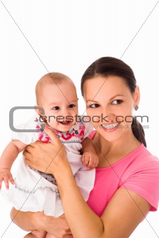 happy mom holds  baby 