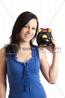young woman piggy bank shoulder