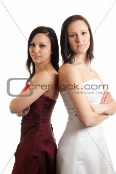young women dress back on back