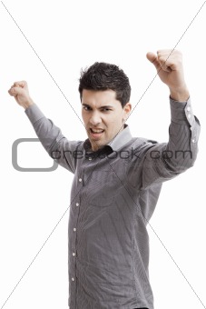 Happy young man with arms up isolated on a white background 