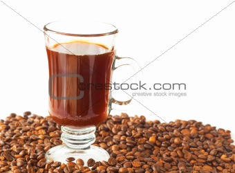 Cup of coffee and roasted beans