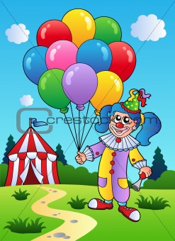 Clown girl with balloons near tent