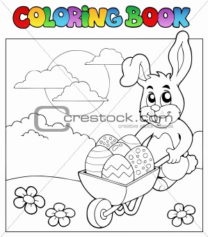 Coloring book with bunny and barrow