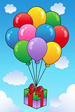 Floating gift with cartoon balloons