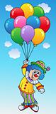 Flying clown with cartoon balloons