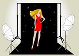 vector illustration of a girl model in red on the photo shoot