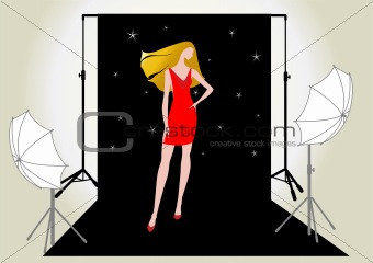 vector illustration of a girl model in red on the photo shoot
