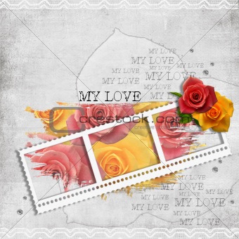 retro background with stamp-frame and pastel rose 