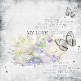 retro background with stamp-frame, flowers and butterfly