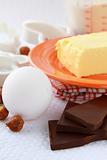 Basic baking ingredients, flour, eggs and  butter