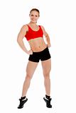 Pretty fitness instructor posing against white background.