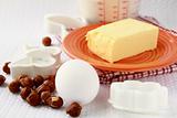 Basic baking ingredients, flour, eggs and  butter
