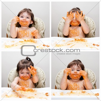 Happy baby funny messy eater