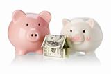 Pair of piggy banks with money house 