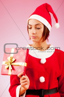 Attractive woman santa with gift box