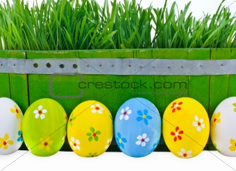 Easter eggs next to the bucket with the green grass