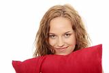 Beauty woman with red pillow