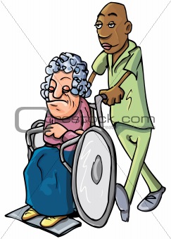 Cartoon of an orderly pushing an old lady