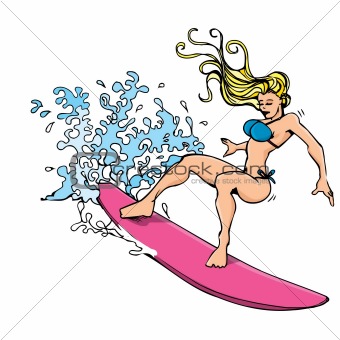Cartoon of a blonde woman surfing a wave