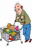 Cartoon of man pushing a shopping trolley