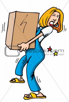 Cartoon of woman picking up a heavy box