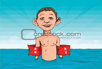 Cartoon of a boy with armbands in the water