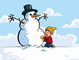 Cartoon of boy building a snowman