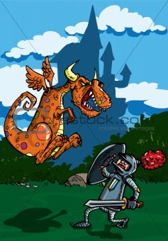 Cartoon of a knight facing a fierce dragon