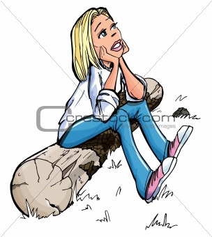 Cartoon of pretty blonde girl sitting on a log
