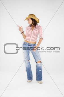 Cowgirl with imaginary gun.