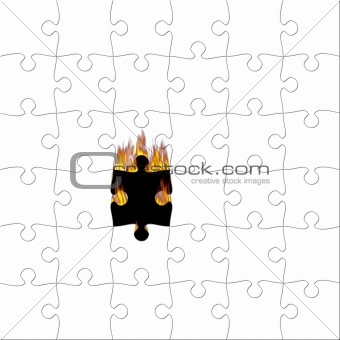 Puzzle with piece on fire