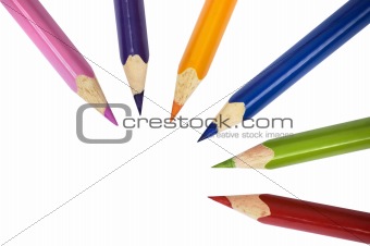 Group of sharp pencils of different colors over white isolated