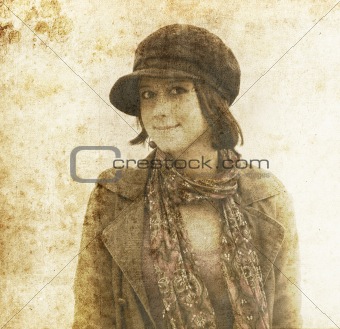 Fashion girl in cap. Photo in old image style.