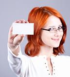 Portrait of an young beautiful happy woman with blank white card