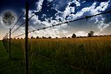 Sky with clouds and Farmers Fence and field