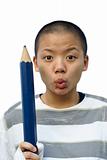 Bald chinese female teen with big pencil