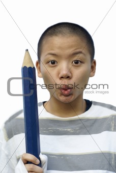 Bald chinese female teen with big pencil