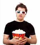 Funny men in stereo glasses with popcorn. 