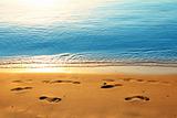 footprints on sand along sea at dawn
