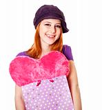 Beautiful red-haired girl with heart in bag. 